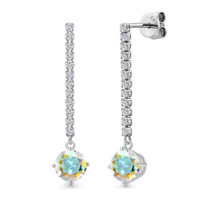 14K White Gold Gemstone Birthstone and White Lab Grown Diamond Long Liner Dangle Earrings for Women | Round 6MM | White Gold Chain Drop Earrings