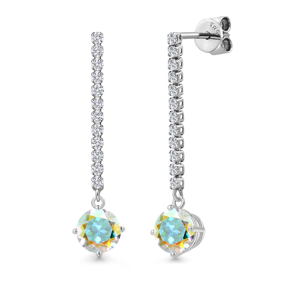 Gem Stone King 14K White Gold Gemstone Birthstone and White Lab Grown Diamond Long Liner Dangle Earrings for Women | Round 6MM | White Gold Chain Drop Earrings