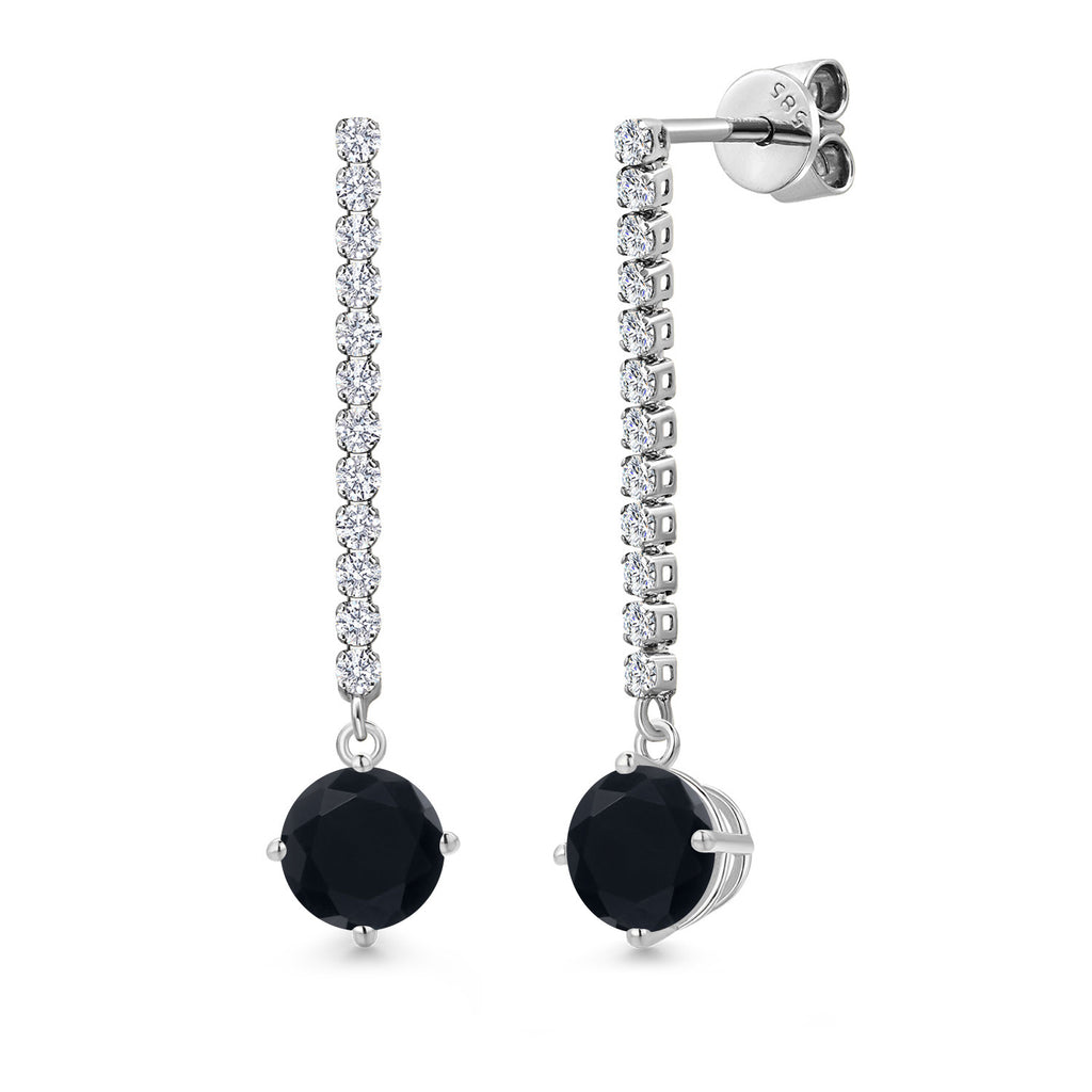 Gem Stone King 14K White Gold Gemstone Birthstone and White Lab Grown Diamond Long Liner Dangle Earrings for Women | Round 6MM | White Gold Chain Drop Earrings