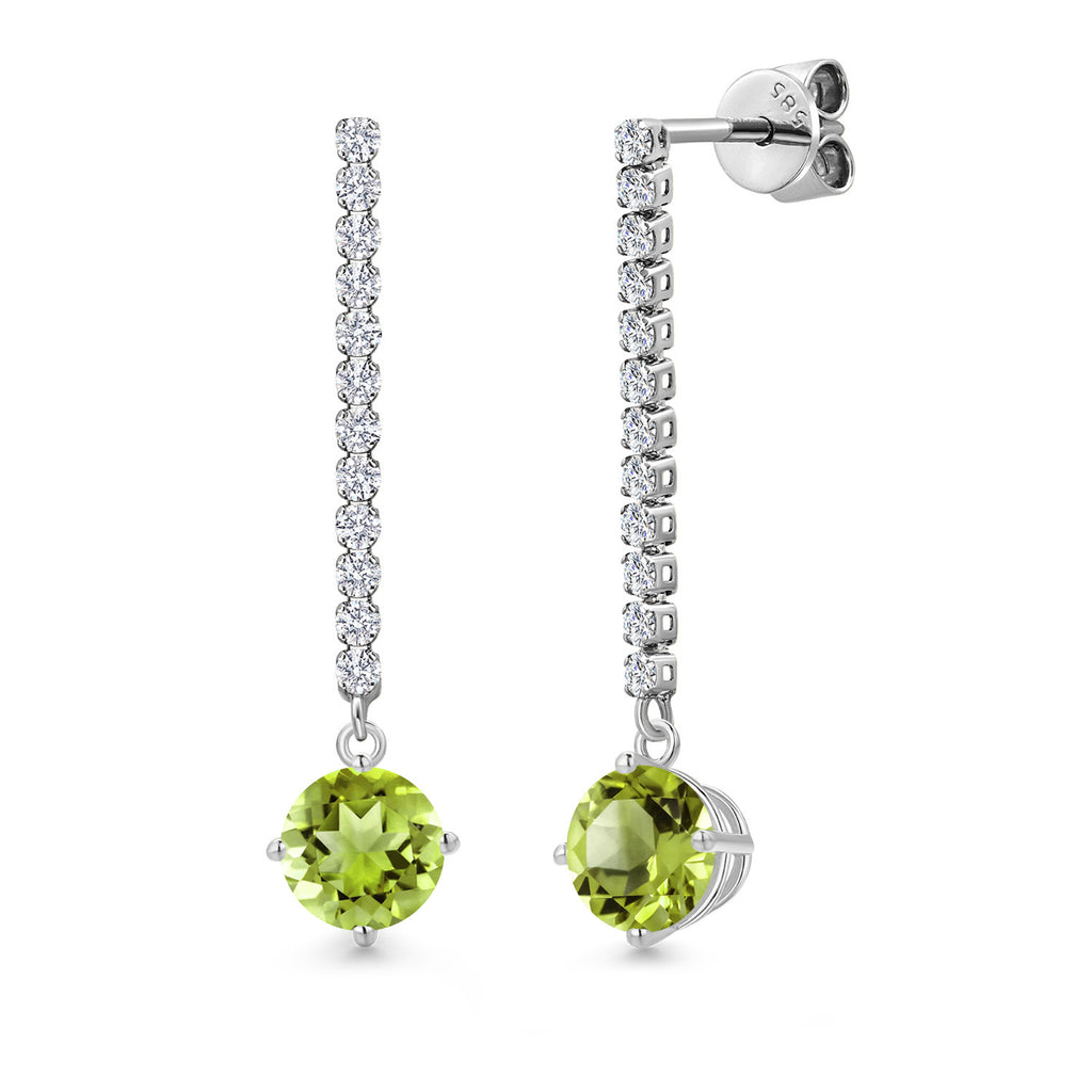 Gem Stone King 14K White Gold Gemstone Birthstone and White Lab Grown Diamond Long Liner Dangle Earrings for Women | Round 6MM | White Gold Chain Drop Earrings