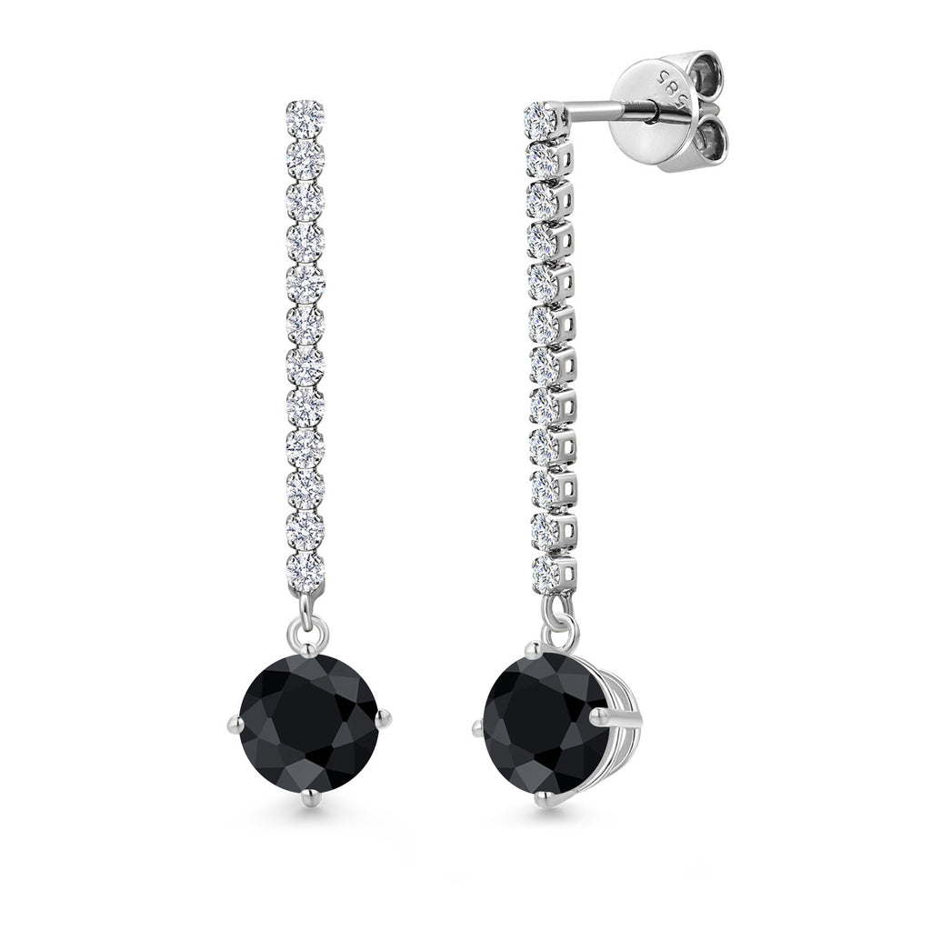 Gem Stone King 14K White Gold Gemstone Birthstone and White Lab Grown Diamond Long Liner Dangle Earrings for Women | Round 6MM | White Gold Chain Drop Earrings