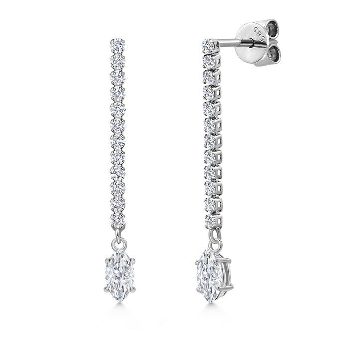 Gem Stone King 14K White Gold Gemstone Birthstone and White Lab Grown Diamond Long Liner Dangle Earrings for Women | Marquise 6X3MM | White Gold Chain Drop Earrings