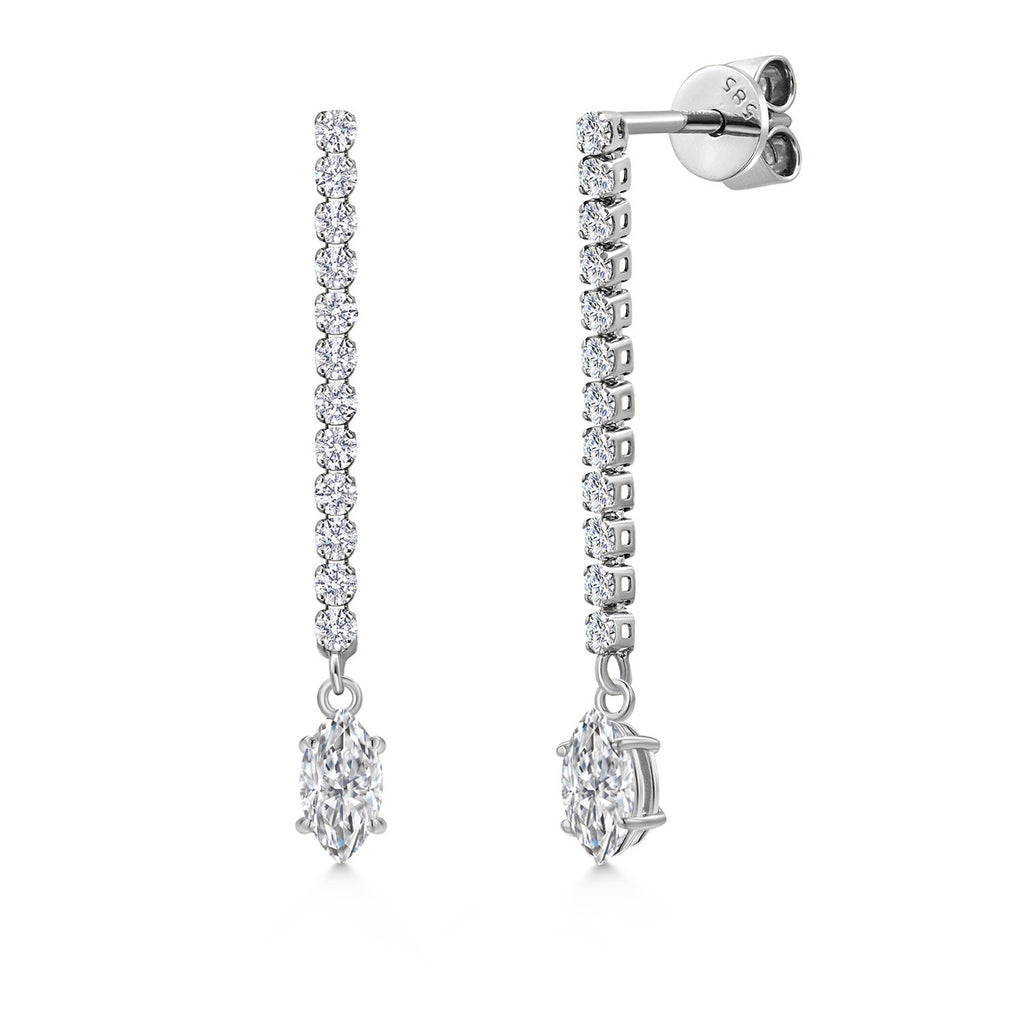 Gem Stone King 14K White Gold Gemstone Birthstone and White Lab Grown Diamond Long Liner Dangle Earrings for Women | Marquise 6X3MM | White Gold Chain Drop Earrings