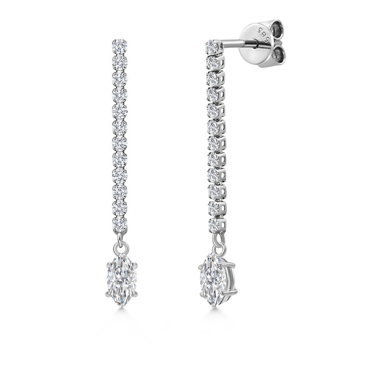 Gem Stone King 14K White Gold Gemstone Birthstone and White Lab Grown Diamond Long Liner Dangle Earrings for Women | Marquise 6X3MM | White Gold Chain Drop Earrings