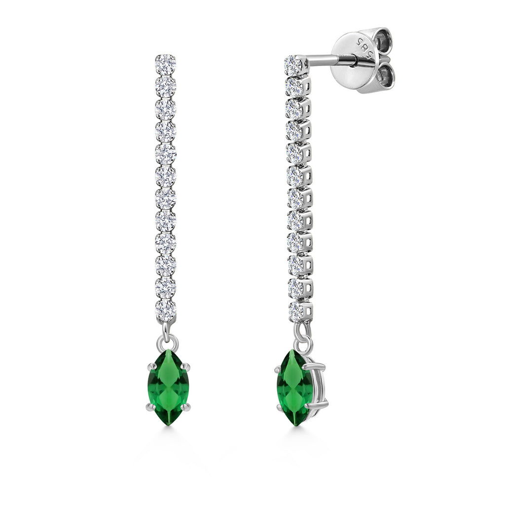 Gem Stone King 14K White Gold Gemstone Birthstone and White Lab Grown Diamond Long Liner Dangle Earrings for Women | Marquise 6X3MM | White Gold Chain Drop Earrings