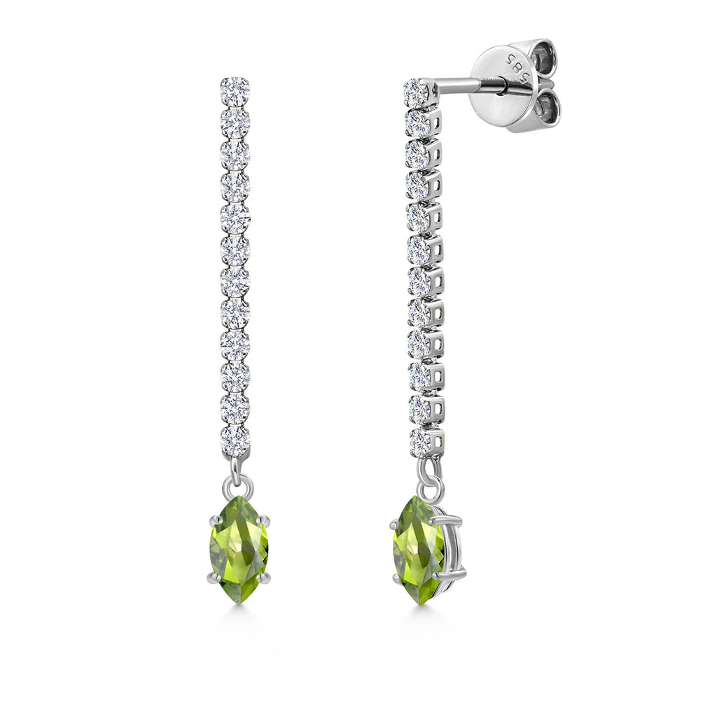 Gem Stone King 14K White Gold Gemstone Birthstone and White Lab Grown Diamond Long Liner Dangle Earrings for Women | Marquise 6X3MM | White Gold Chain Drop Earrings
