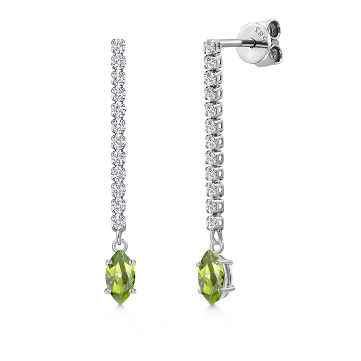 Gem Stone King 14K White Gold Gemstone Birthstone and White Lab Grown Diamond Long Liner Dangle Earrings for Women | Marquise 6X3MM | White Gold Chain Drop Earrings