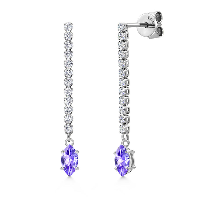 Gem Stone King 14K White Gold Gemstone Birthstone and White Lab Grown Diamond Long Liner Dangle Earrings for Women | Marquise 6X3MM | White Gold Chain Drop Earrings
