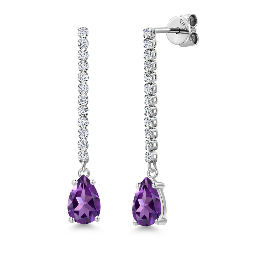 Gem Stone King 14K White Gold Gemstone Birthstone and White Lab Grown Diamond Long Liner Teardrop Dangle Earrings for Women | Pear Shape 8X5MM | White Gold Chain Drop Earrings