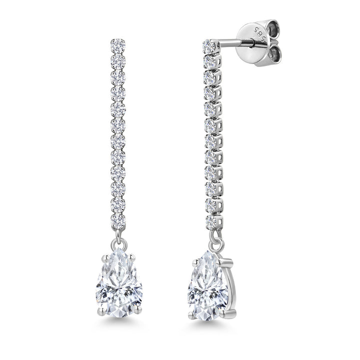 Gem Stone King 14K White Gold Gemstone Birthstone and White Lab Grown Diamond Long Liner Teardrop Dangle Earrings for Women | Pear Shape 8X5MM | White Gold Chain Drop Earrings
