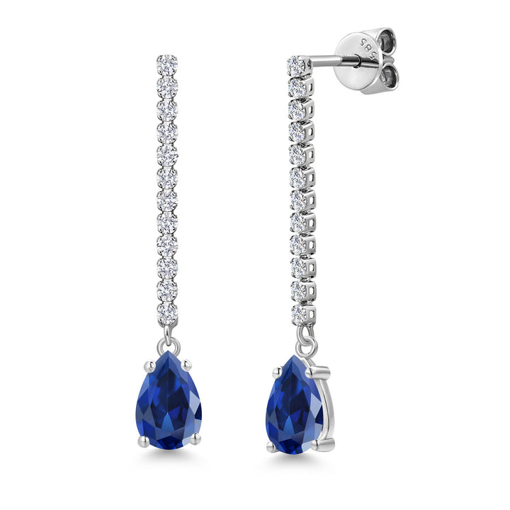 Gem Stone King 14K White Gold Gemstone Birthstone and White Lab Grown Diamond Long Liner Teardrop Dangle Earrings for Women | Pear Shape 8X5MM | White Gold Chain Drop Earrings