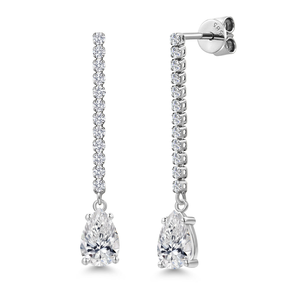 Gem Stone King 14K White Gold Gemstone Birthstone and White Lab Grown Diamond Long Liner Teardrop Dangle Earrings for Women | Pear Shape 8X5MM | White Gold Chain Drop Earrings