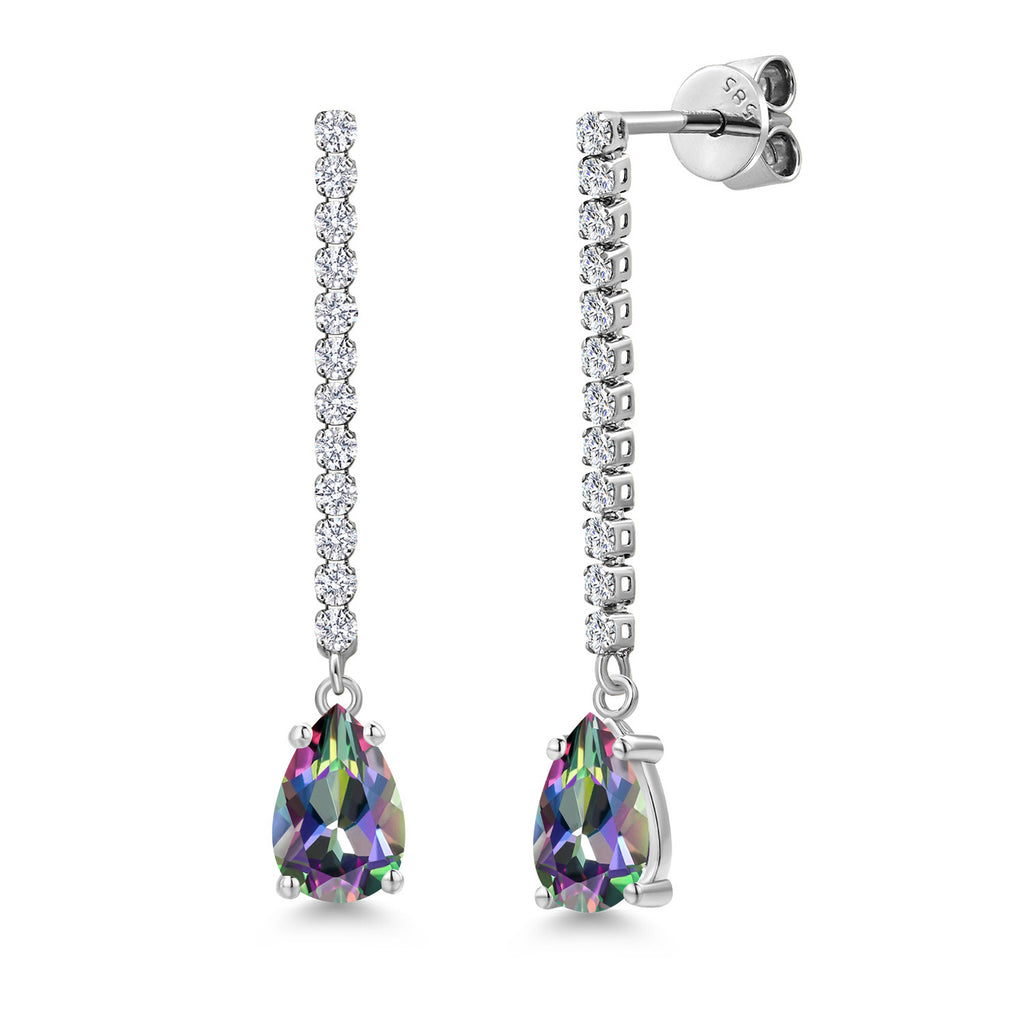 Gem Stone King 14K White Gold Gemstone Birthstone and White Lab Grown Diamond Long Liner Teardrop Dangle Earrings for Women | Pear Shape 8X5MM | White Gold Chain Drop Earrings