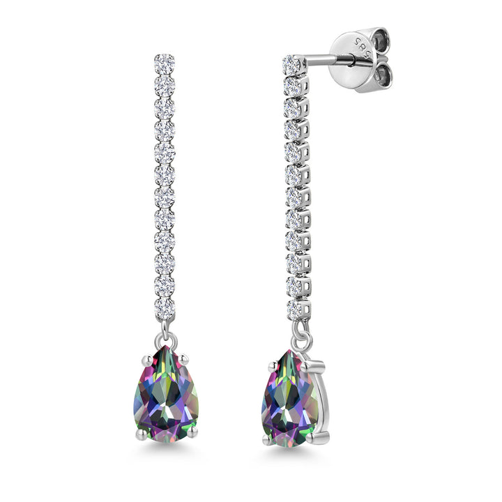 Gem Stone King 14K White Gold Gemstone Birthstone and White Lab Grown Diamond Long Liner Teardrop Dangle Earrings for Women | Pear Shape 8X5MM | White Gold Chain Drop Earrings