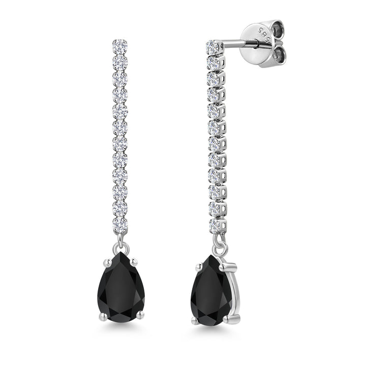 Gem Stone King 14K White Gold Gemstone Birthstone and White Lab Grown Diamond Long Liner Teardrop Dangle Earrings for Women | Pear Shape 8X5MM | White Gold Chain Drop Earrings