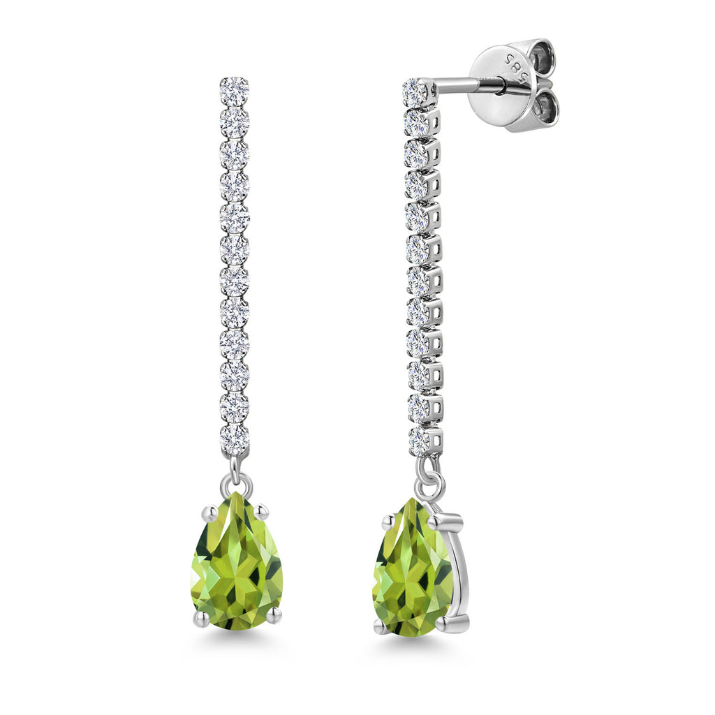 Gem Stone King 14K White Gold Gemstone Birthstone and White Lab Grown Diamond Long Liner Teardrop Dangle Earrings for Women | Pear Shape 8X5MM | White Gold Chain Drop Earrings
