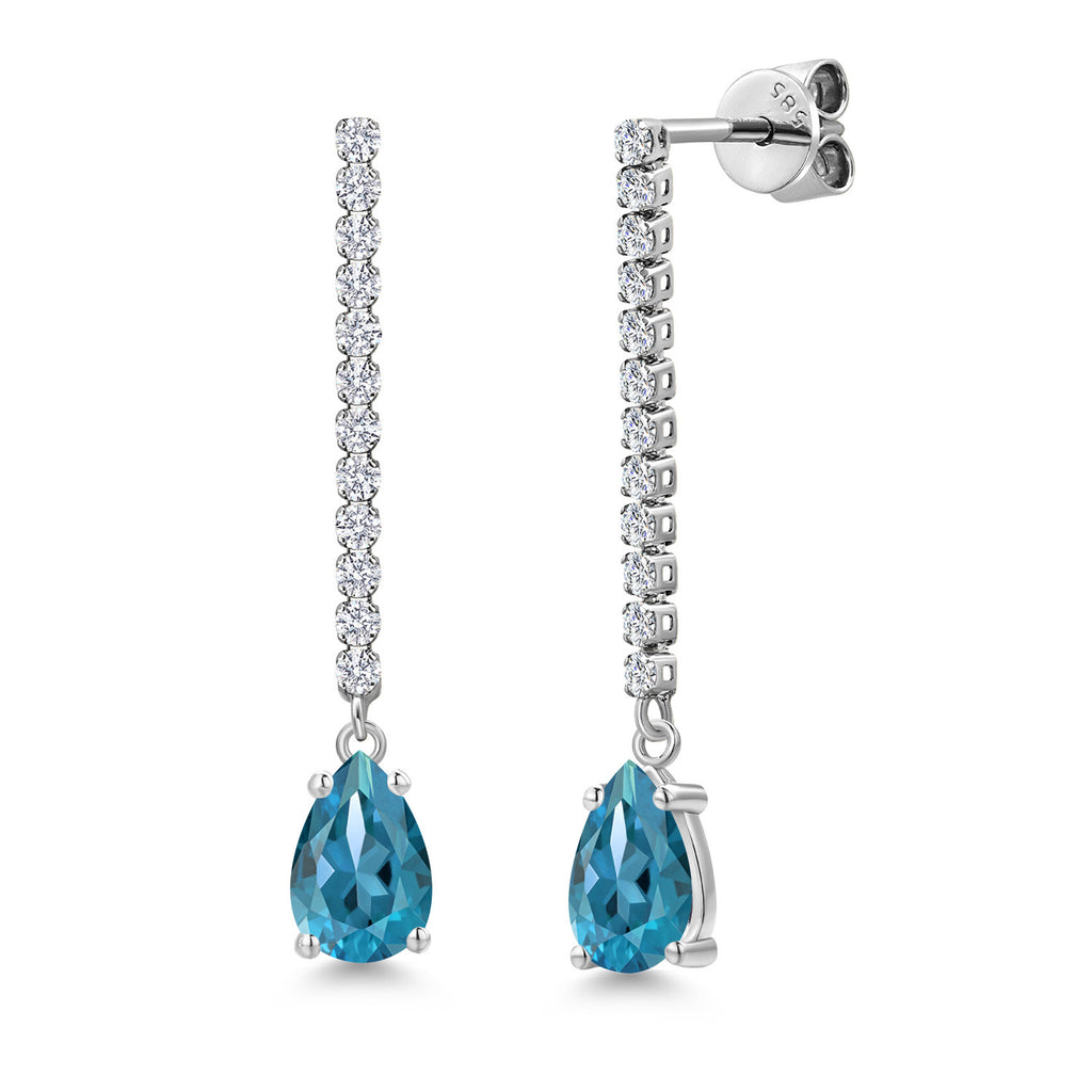 Gem Stone King 14K White Gold Gemstone Birthstone and White Lab Grown Diamond Long Liner Teardrop Dangle Earrings for Women | Pear Shape 8X5MM | White Gold Chain Drop Earrings