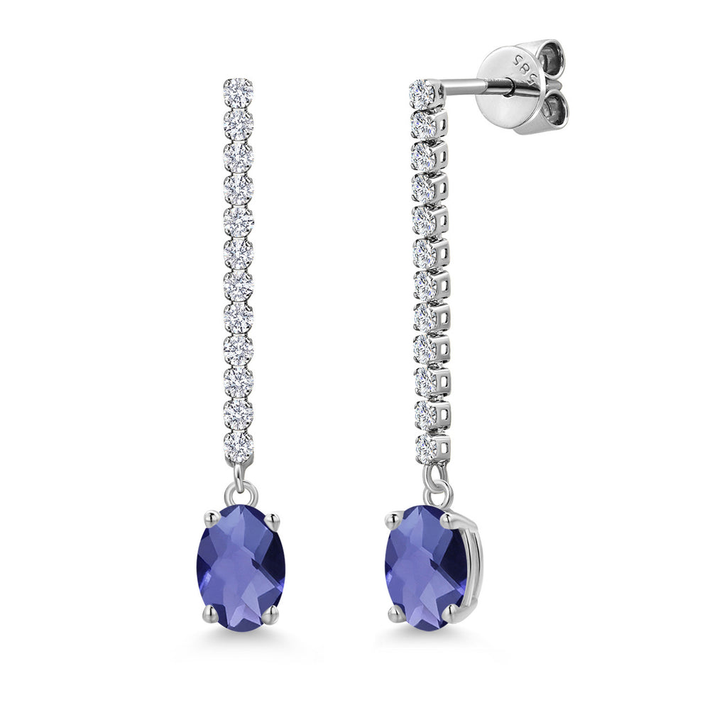 Blue Iolite-Checkerboard_Earrings in 14K White Gold
