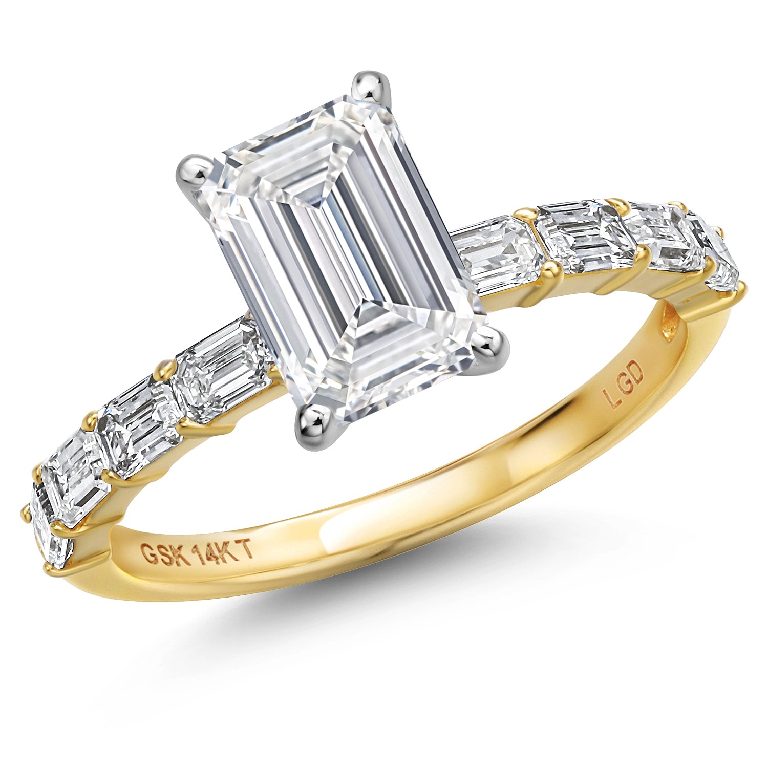 2.72 Cttw 14K Yellow Gold IGI Certified Lab Grown Diamond Engagement Ring for Women | Center Emerald Cut Diamond 2 Ct | F-G Color | VS1 Clarity | Size 5,6,7,8,9