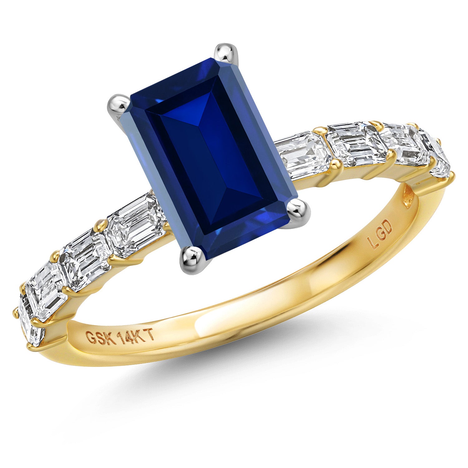 14K Two Tone Gold Blue Created Sapphire and Lab Grown Diamond Engagement Ring For Women | 2.22 Cttw | Emerald Cut 8X6MM | Gemstone September Birthstone | Available in Size 5,6,7,8,9