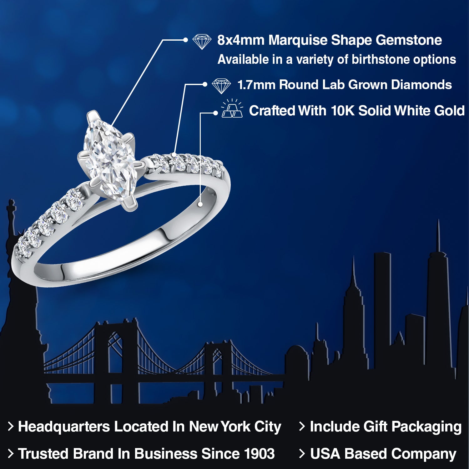 10K White Gold White Moissanite and E - F Lab Grown Diamond Engagement Ring For Women | 0.70 Cttw | Marquise 8X4MM | Gemstone Birthstone | Available in Size 5,6,7,8,9