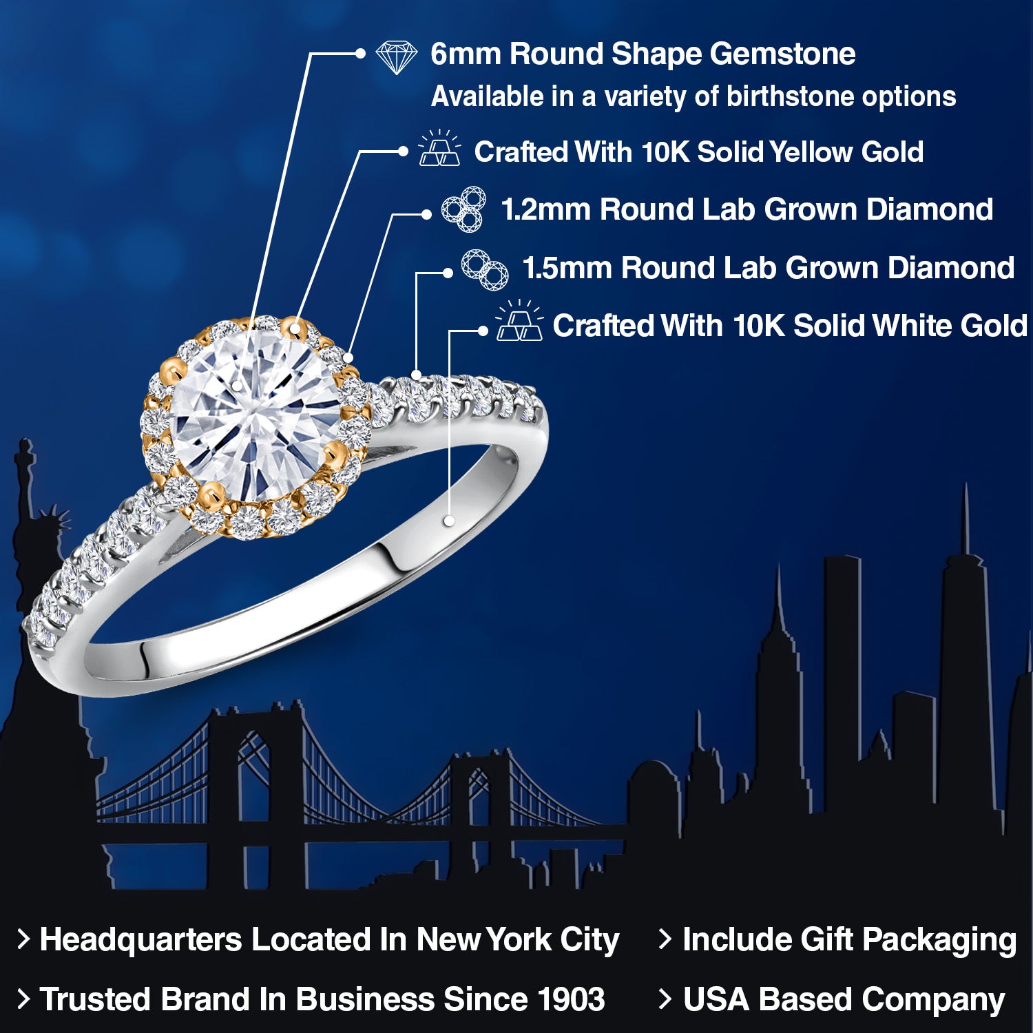 10K Two Tone Gold Forever One GHI Moissanite From Charles & Colvard and Lab Grown Diamond Engagement Ring For Women | 1.11 Cttw | Round 6MM | Gemstone Birthstone | Available in Size 5,6,7,8,9