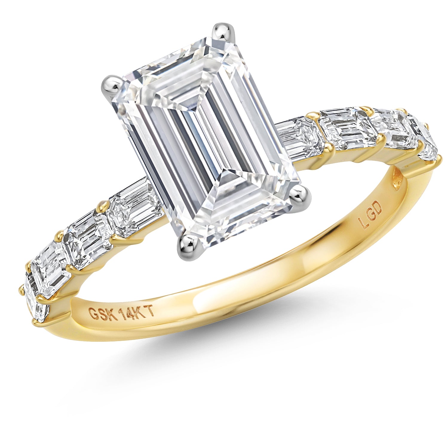 14K Two Tone Gold IGI Certified Lab Grown Diamond Engagement Ring For Women | 3.72 Cttw | Center 3 Ct Emerald Cut | F-G Color | VS1 Clarity | Available in Size 5, 6, 7, 8, 9