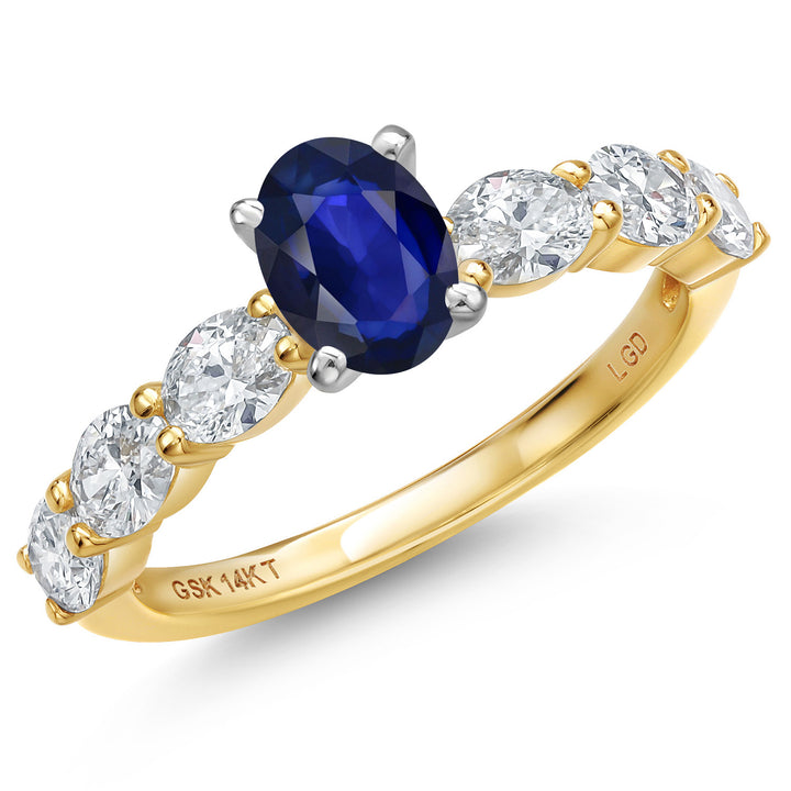 14K Two Tone Gold Blue Sapphire and Lab Grown Diamond Engagement Ring For Women | 1.45 Cttw | Oval 6X4MM | Gemstone September Birthstone | Available in Size 5,6,7,8,9