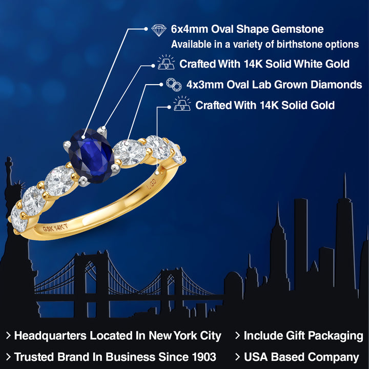 14K Two Tone Gold Blue Sapphire and Lab Grown Diamond Engagement Ring For Women | 1.45 Cttw | Oval 6X4MM | Gemstone September Birthstone | Available in Size 5,6,7,8,9