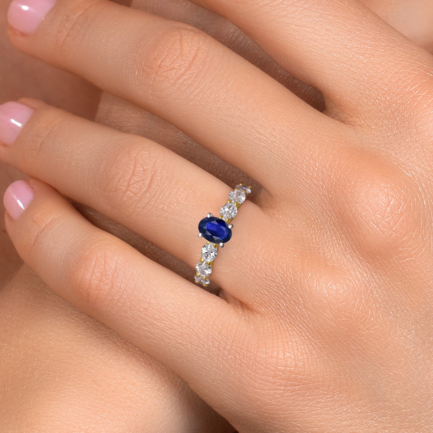 14K Two Tone Gold Blue Sapphire and Lab Grown Diamond Engagement Ring For Women | 1.45 Cttw | Oval 6X4MM | Gemstone September Birthstone | Available in Size 5,6,7,8,9