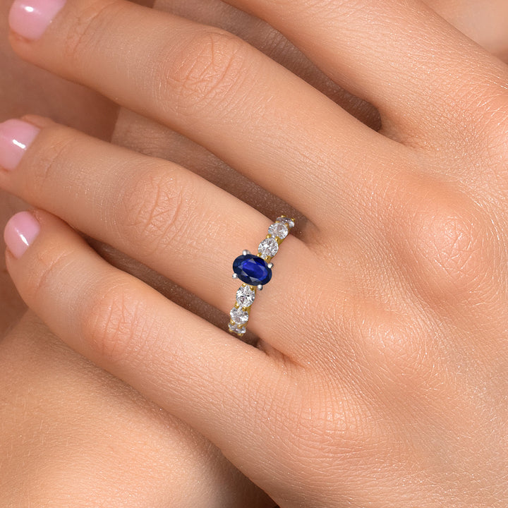 14K Two Tone Gold Blue Sapphire and Lab Grown Diamond Engagement Ring For Women | 1.45 Cttw | Oval 6X4MM | Gemstone September Birthstone | Available in Size 5,6,7,8,9