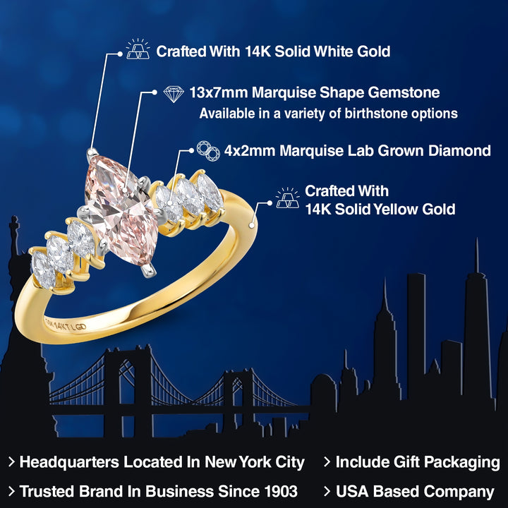 14K Yellow Gold IGI Certified Fancy Light Pink Blue Lab Grown Diamond Engagement Ring For Women | 1.42 Cttw | Center Marquise Cut Diamond 1Ct | VS1-VS2 Clarity | Available in Size 5, 6, 7, 8, 9