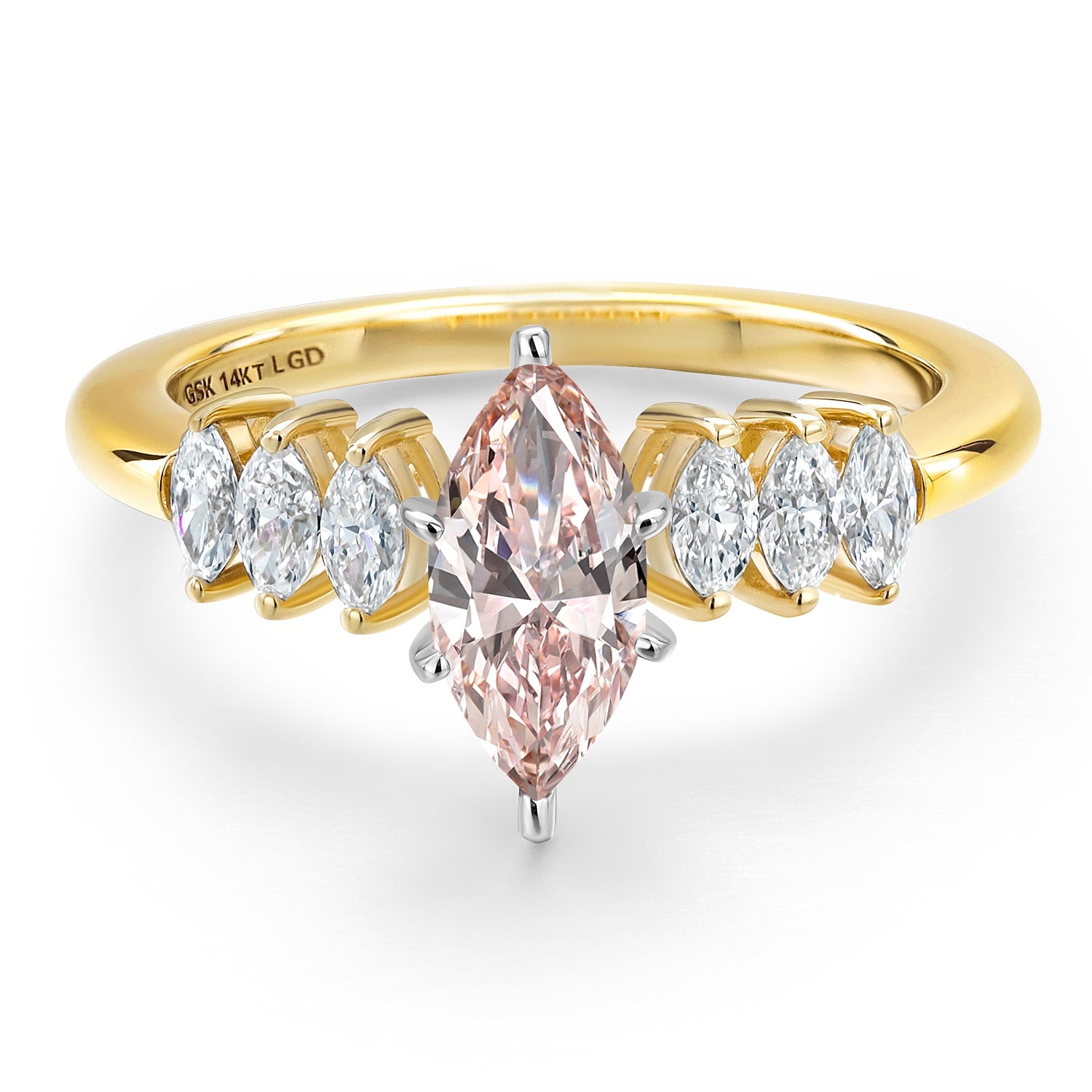 14K Yellow Gold IGI Certified Fancy Light Pink Blue Lab Grown Diamond Engagement Ring For Women | 1.42 Cttw | Center Marquise Cut Diamond 1Ct | VS1-VS2 Clarity | Available in Size 5, 6, 7, 8, 9