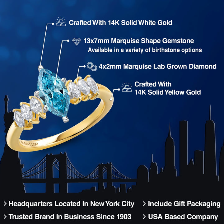 14K Yellow Gold IGI Certified Lab Grown Diamond Engagement Ring For Women | 1.42 Cttw | Center Marquise Cut Diamond 1 Ct | F-G Color | VS1 Clarity | Available in Size 5, 6, 7, 8, 9