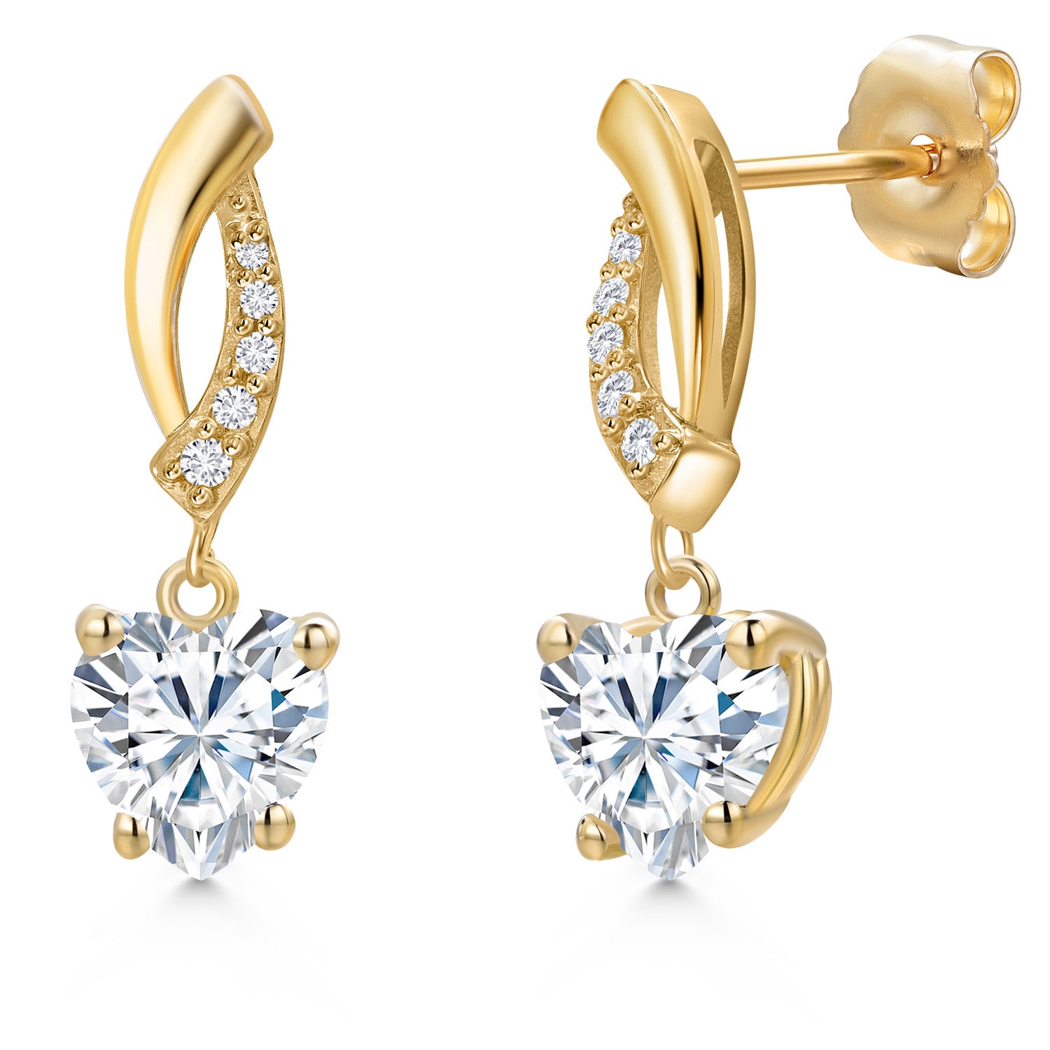 14K Yellow Gold White Moissanite and E - F Lab Grown Diamond Earrings for Women | 2.21 Cttw | Gemstone Birthstone | Heart Shape 6.5MM