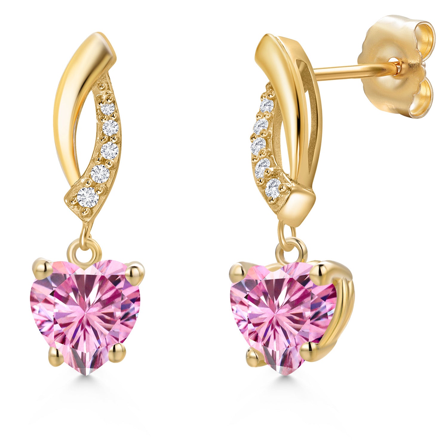 14K Yellow Gold Pink Moissanite and E - F Lab Grown Diamond Earrings for Women | 2.19 Cttw | Gemstone Birthstone | Heart Shape 6.5MM