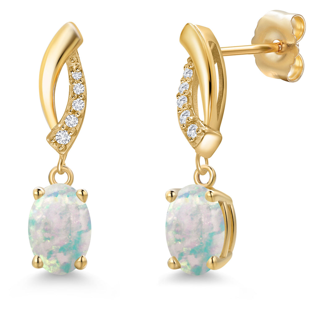 White Simulated Opal-Cabochon - October_Earrings in 14K Yellow Gold