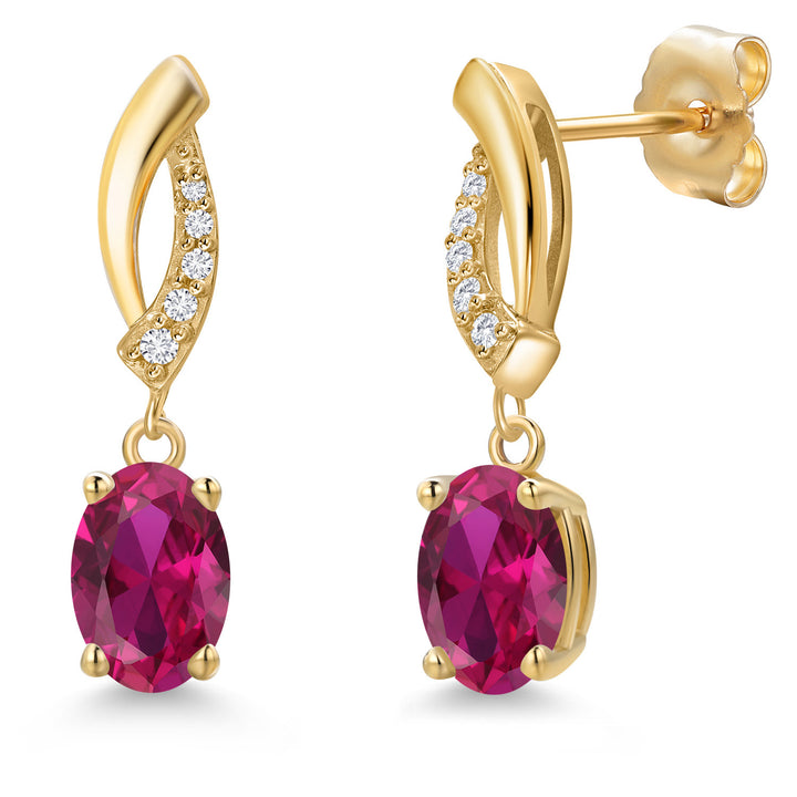 14K Yellow Gold Red Created Ruby and E - F Lab Grown Diamond Dangle Earrings for Women | 1.75 Cttw | Gemstone July Birthstone | Oval 7X5MM