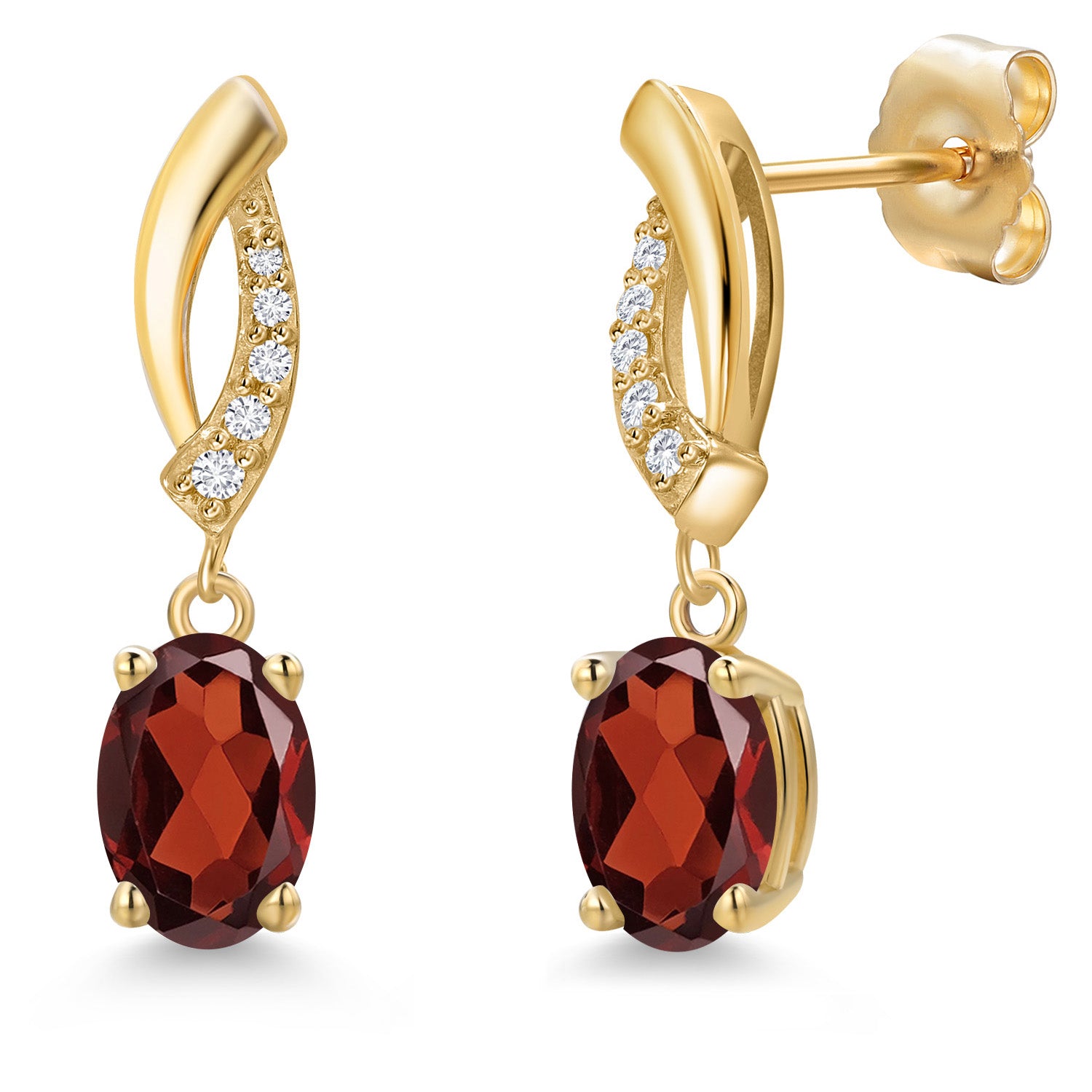 14K Yellow Gold Red Garnet and E - F Lab Grown Diamond Dangle Earrings for Women | 1.79 Cttw | Gemstone January Birthstone | Oval 7X5MM