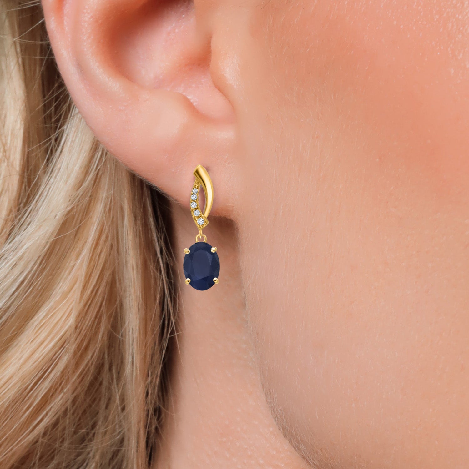 14K Yellow Gold Blue Sapphire and E - F Lab Grown Diamond Stud Earrings for Women | 3.65 Cttw | Gemstone September Birthstone | Oval 8X6MM