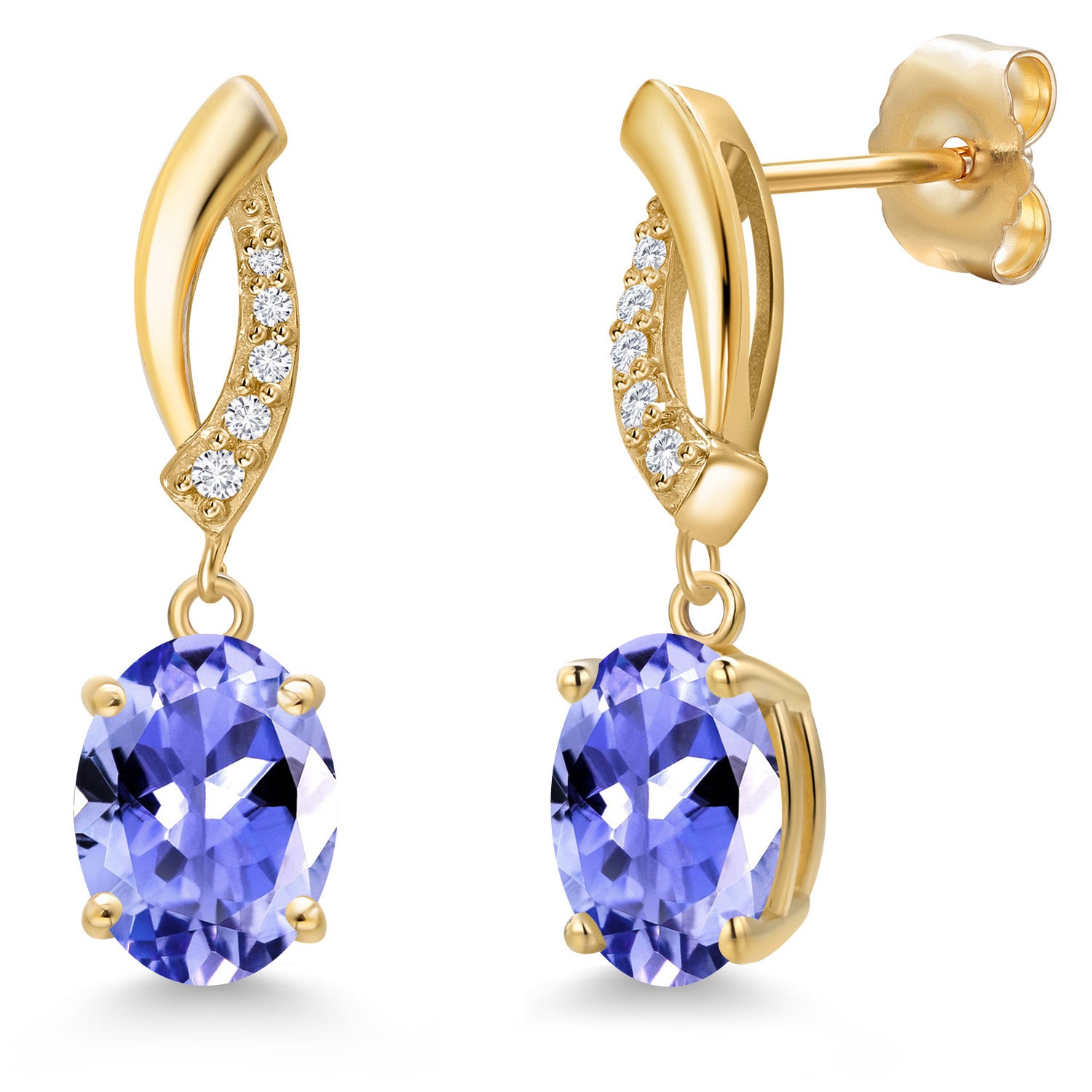 14K Yellow Gold Blue Tanzanite and E - F Lab Grown Diamond Stud Earrings for Women | 2.37 Cttw | Gemstone December Birthstone | Oval 8X6MM