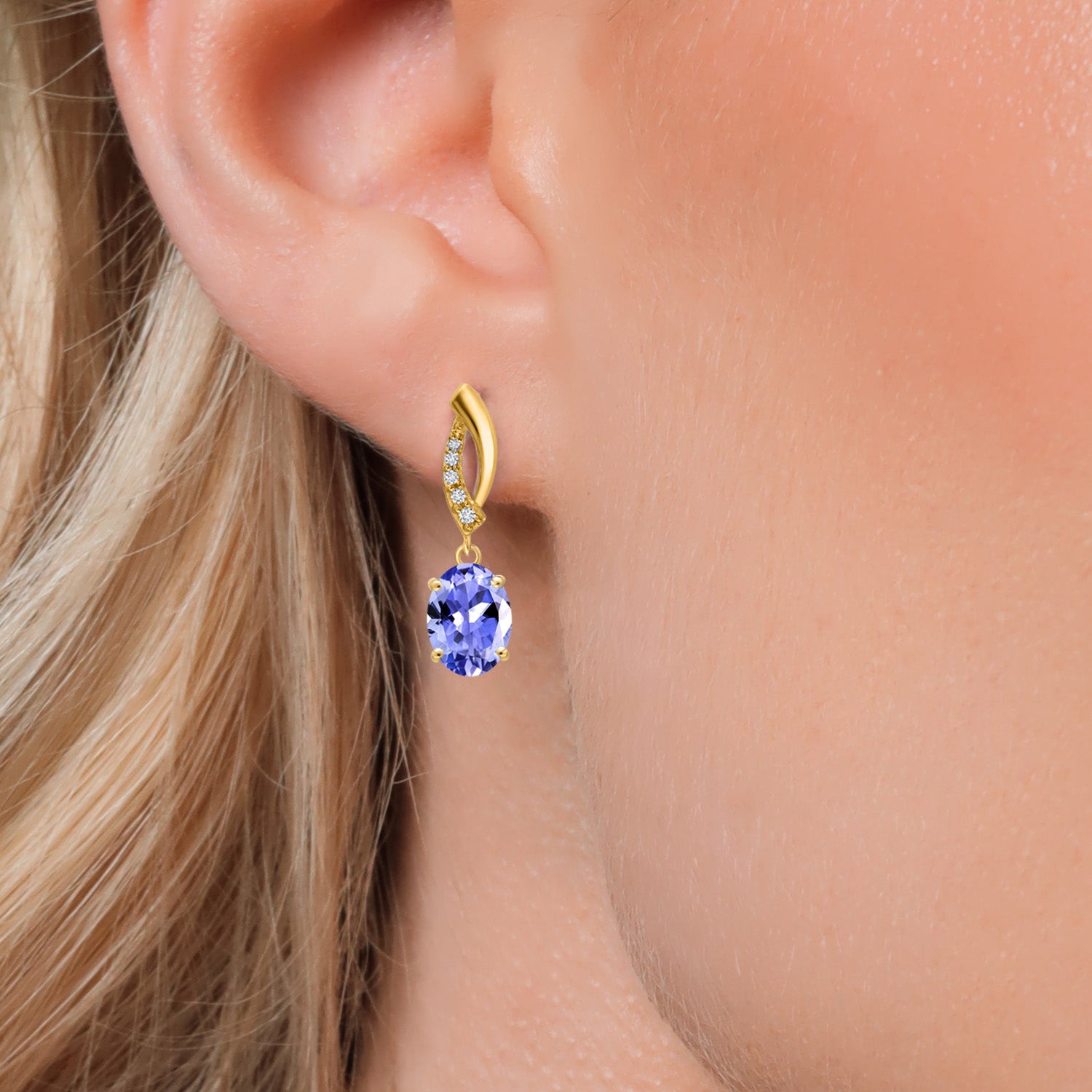 14K Yellow Gold Blue Tanzanite and E - F Lab Grown Diamond Stud Earrings for Women | 2.37 Cttw | Gemstone December Birthstone | Oval 8X6MM