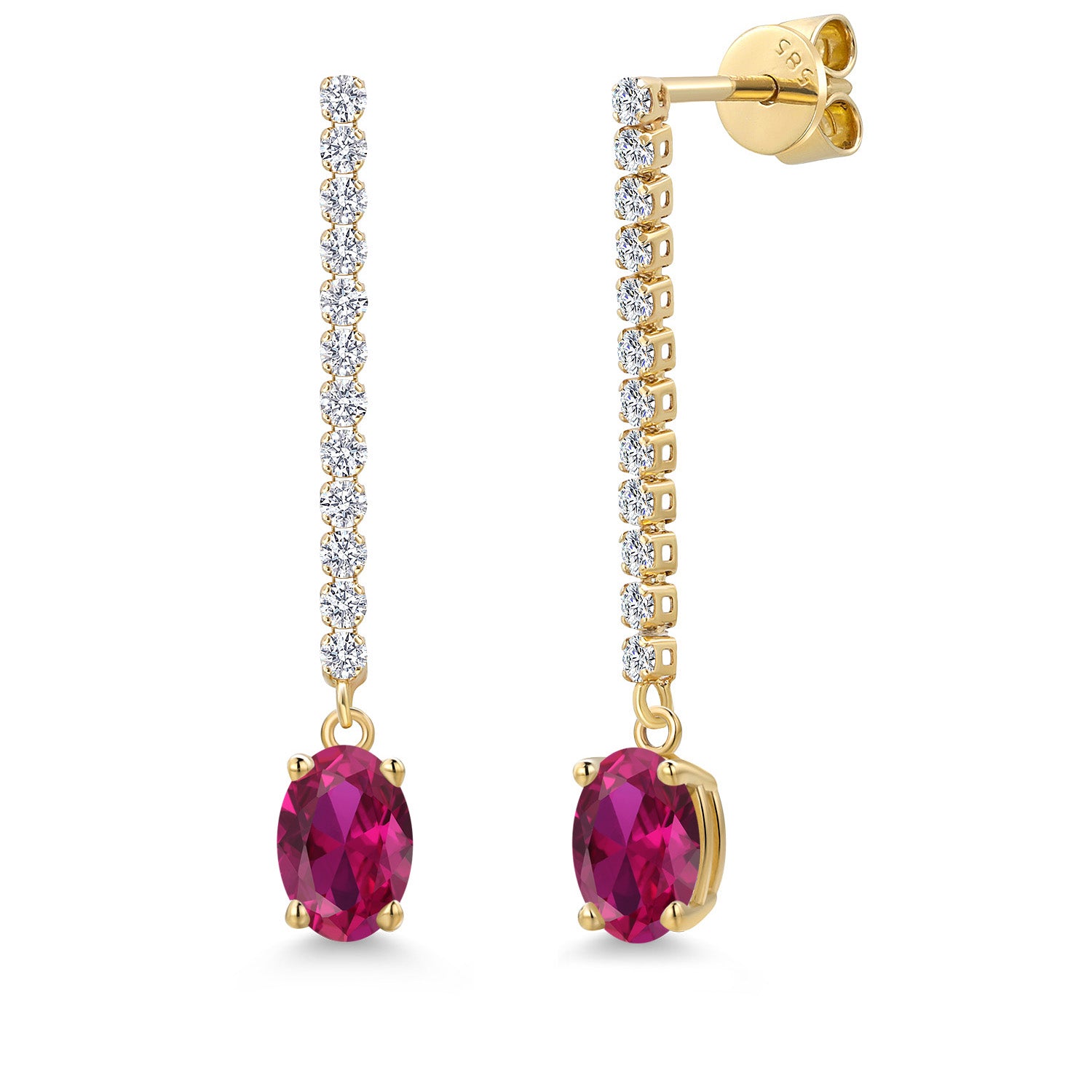 14K Yellow Gold Red Created Ruby and Lab Grown Diamond Dangle Earrings for Women | 2.06 Cttw | Gemstone July Birthstone | Oval 7X5MM