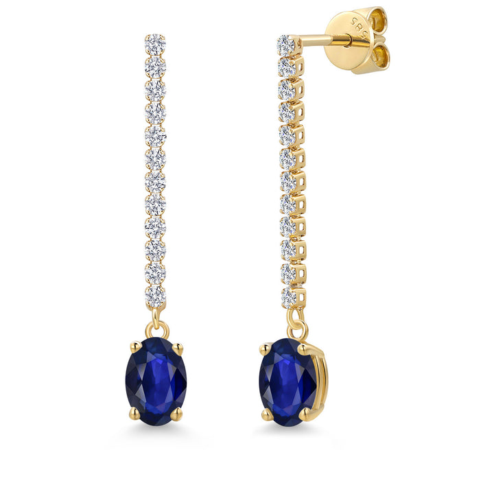 14K Yellow Gold Blue Sapphire and Lab Grown Diamond Dangle Earrings for Women | 1.50 Cttw | Gemstone September Birthstone | Oval 7X5MM