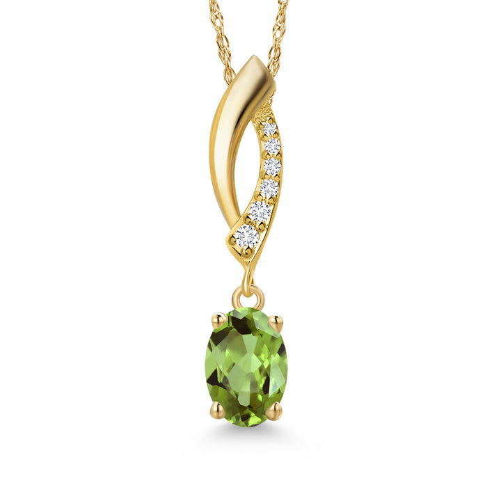 14K Yellow Gold Green Peridot and Lab Grown Diamond Pendant Necklace for Women | 0.93 Cttw | Gemstone August Birthstone | Oval 7X5MM | With 18 Inch Chain