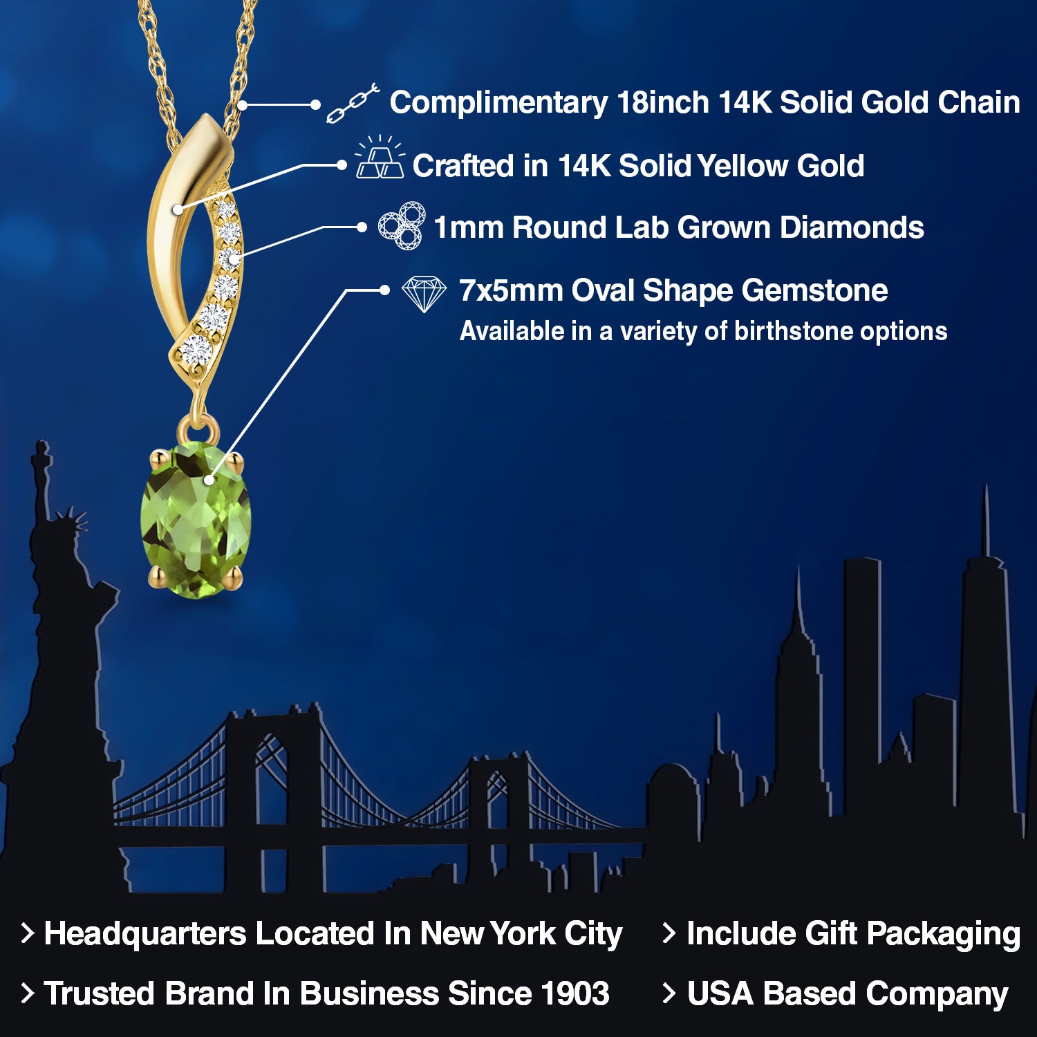 14K Yellow Gold Green Peridot and Lab Grown Diamond Pendant Necklace for Women | 0.93 Cttw | Gemstone August Birthstone | Oval 7X5MM | With 18 Inch Chain