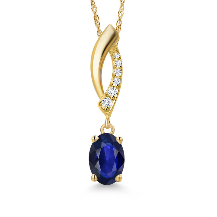 14K Yellow Gold Blue Sapphire and Lab Grown Diamond Pendant Necklace for Women | 0.60 Cttw | Gemstone September Birthstone | Oval 7X5MM | With 18 Inch Chain