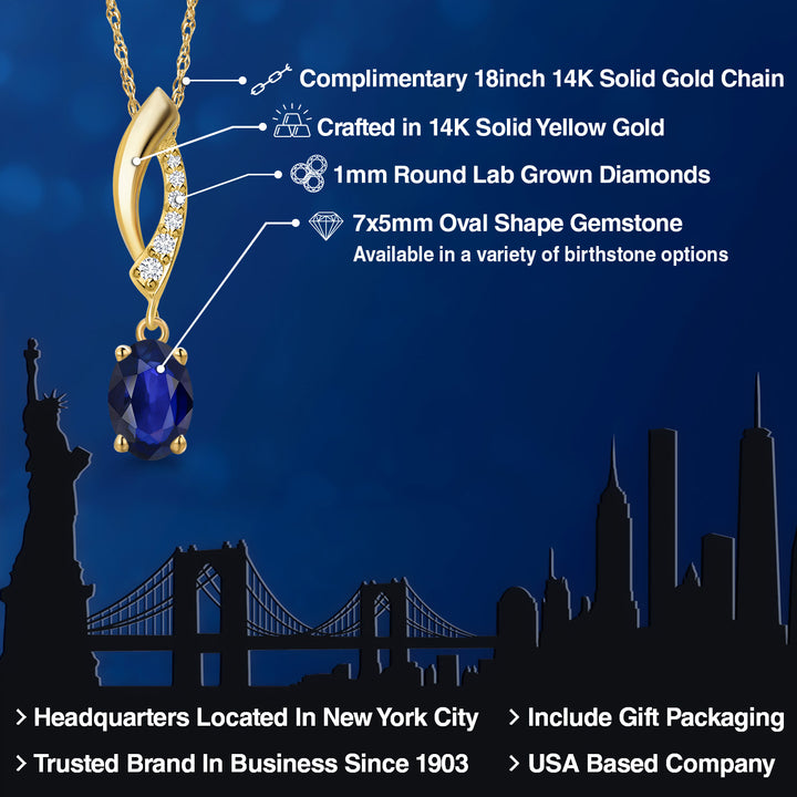 14K Yellow Gold Blue Sapphire and Lab Grown Diamond Pendant Necklace for Women | 0.60 Cttw | Gemstone September Birthstone | Oval 7X5MM | With 18 Inch Chain