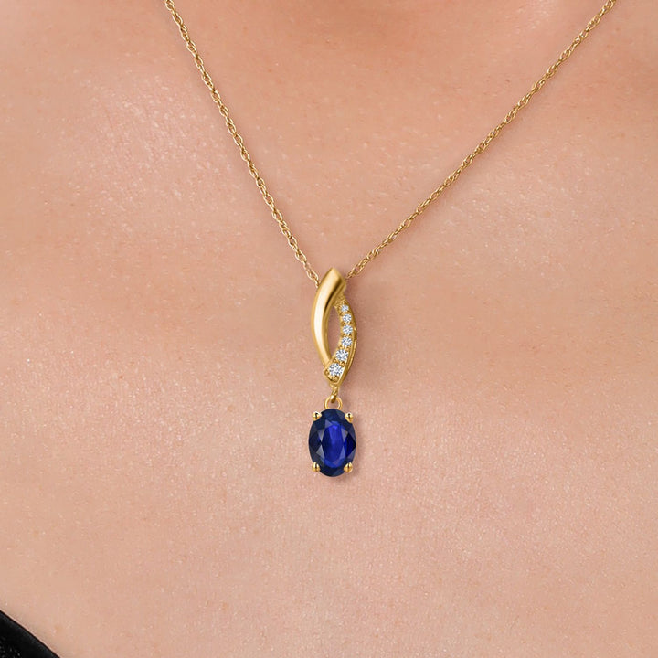 14K Yellow Gold Blue Sapphire and Lab Grown Diamond Pendant Necklace for Women | 0.60 Cttw | Gemstone September Birthstone | Oval 7X5MM | With 18 Inch Chain