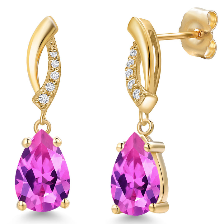 Pink Created Sapphire - September_Earrings in 14K Yellow Gold